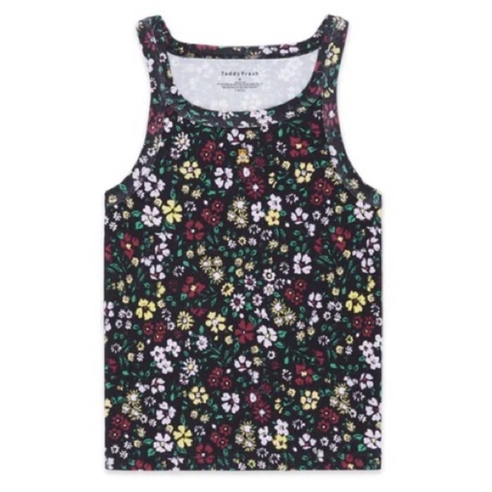 Teddy Fresh Black Floral Tank Top with Red, Yellow, Green, and White Flowers